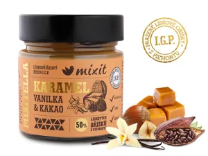 Mixitella Premium karamel vanilka kakao lískové oříšky z Piemontu skleněná dóza s černým víkem
