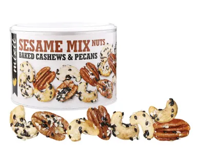 Sesame Mix Nuts balení se pečenými kešu ořechy a pekany se sezamem
