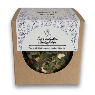 Čaj s meduňkou a kontryhelem balení z kartonu s kulatým průhledem