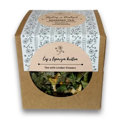 Čaj s lipovým květem balení z kartonu s ornamentem kruhové okno ukazující sušené lístky čaje