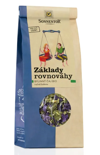 Základy rovnováhy sypaný bylinný čaj BIO Sonnentor balení stojící s kulatým oknem