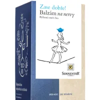 BIO Balzám na nervy bylinná směs Sonnentor modrá krabička ilustrace dívky s konvičkou na hlavě