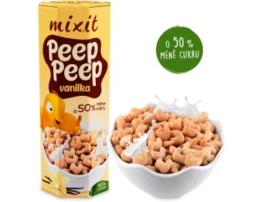 Mixit Peep Peep vanilka cereálie balení žlutá krabice a miska cereálií s mlékem zelený kruh 50% méně cukru