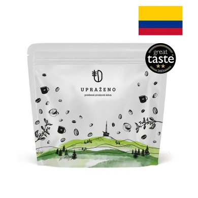 UPRAŽENO zrnková káva obal stojanový pytlík kolumbijská vlajka logo great taste